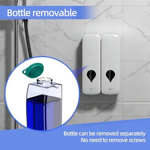 Shower Soap Dispenser 2 Chamber No Drill Shampoo and Conditioner Dispenser Set for Bathroom Kitchen Wall Mounted with Refillabl Pump Bottle Body Wash Bath Container Hotel Elegant White 2x300ml - color: White 2-pack