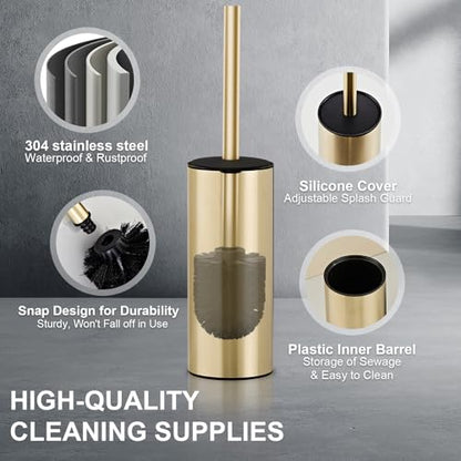 304 Stainless Steel Toilet Bowl Brush and Holder Set, Circular Floor Toilet Brush Holder, Long Handle, Bathroom Heavy-Duty Cleaner, High-End Cylinder Wall,2 Brush Head (Brushed Gold) YIGUANXIN - color: H-brushed Gold