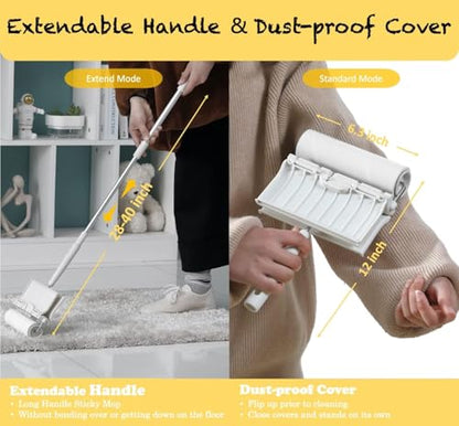 Large Surface Lint Roller with Extendable Long Handle Dust-Proof Cover 6.3'' Wider 240 Sheets, Long Handle Sticky Mop for Cleaning Furniture Carpet Floor Curtains and Pet Hair - size: 1 Roller + 0 Refills