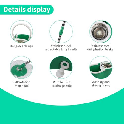Spin Mop and Bucket, Mop and Bucket with Wringer Set 360° Spinning Mop with 3 Microfiber Mop Refills 61" Adjustable Handle for Floor Cleaning - color: Green