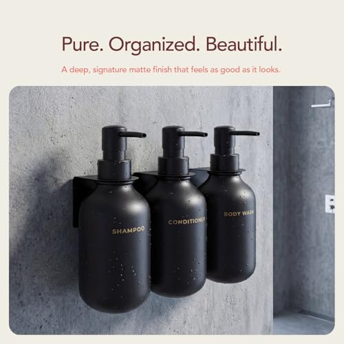 Black Soap Dispenser Set for Bathroom – 3-Packs Refillable Bottle Set, Soft Touch Pump Bottles Wall Mount Hooks Stickers Glue with Vanity Sink Placement Modern Design