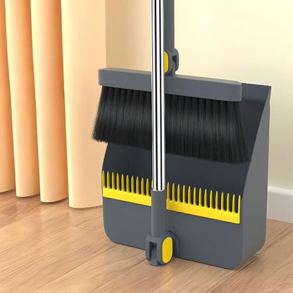Broom and Dustpan Set, Long Handle Standing Broom with Self-Cleaning Comb Teeth, Heavy Duty Broom Dustpan Combo for Home Kitchen Office Floor Pet Hair Cleaning (Grayyellow) - color: Grayyellow