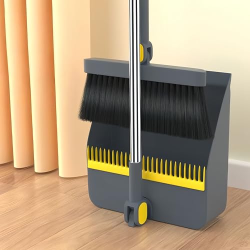Broom and Dustpan Set, Long Handle Standing Broom with Self-Cleaning Comb Teeth, Heavy Duty Broom Dustpan Combo for Home Kitchen Office Floor Pet Hair Cleaning (Grayyellow) - color: Grayyellow