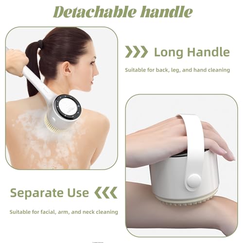 Electric Body Brush, 3 Speed Silicone Body Scrubber with LCD Display, 5in1 Back Scrubber for Shower, Waterproof Rotating Body Brushes, Rechargeable Bath Brush for Clean Exfoliate Massage (Green) - color: Green