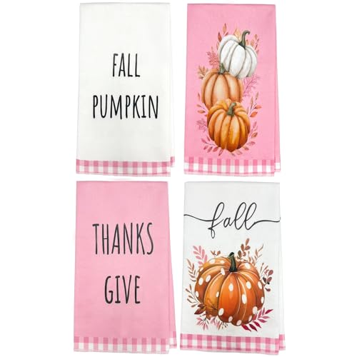 Microfiber Orange Pumpkin Decor Fall Kitchen Towels Set 4 Pack - 18x26 Inch Dish Towels, Halloween & Thanksgiving Absorbent Hand Towels, Seasonal Farmhouse Decor (Pink Pumpkin) - color: Pink Pumpkin