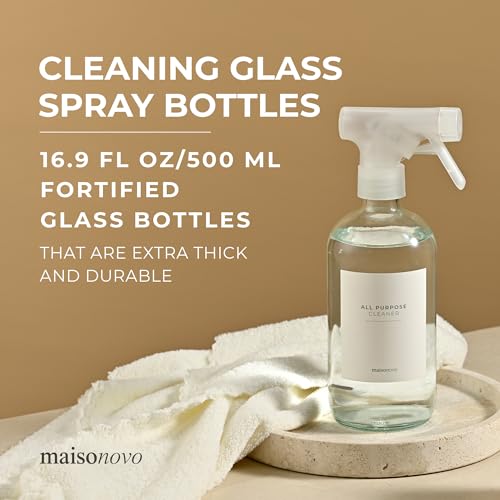 MaisoNovo Glass Spray Bottles 16 Oz Pack of 2 - Clear Spray Bottles for Cleaning Solutions with Fortified Glass & Fine Mist - Ideal for Cleaning, Disinfecting, Home, Office & Commercial Use - 16 Label - color: Clear
