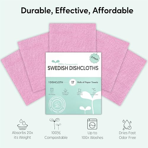 Swedish Dishcloths for Kitchen, 5 Pack Swedish Dish Cloths, Ultra Absorbent Reusable Paper Towels, Cellulose Sponge Cloths, Quick Drying, No Odor, Dishwasher Safe Pink - color: Pink