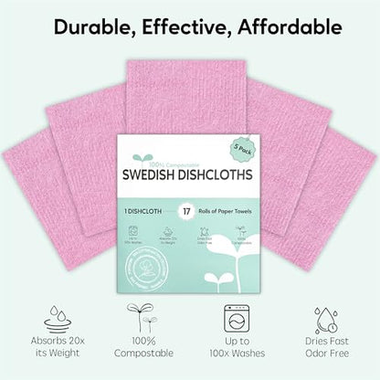 Swedish Dishcloths for Kitchen, 5 Pack Swedish Dish Cloths, Ultra Absorbent Reusable Paper Towels, Cellulose Sponge Cloths, Quick Drying, No Odor, Dishwasher Safe Pink - color: Pink