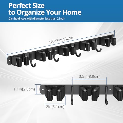 2 Pack Mop and Broom Holder Wall Mount, 5 Racks and 4 Hooks Broom Organizer Storage Garage Tool Racks Wall Mounted Mop Hanger for Home Kitchen Garden Laundry (Black)