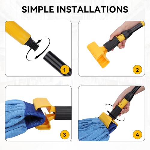 Mop Handle Commercial Heavy Duty - 57 Inch Industrial Metal Mop Stick with Jaw Clamp Replacement for Floor Cleaning - Professional Gripper Mops Head Replacement Holder - color: Black&Yellow 2