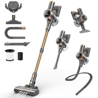 Cordless Vacuum Cleaner, 10-in-1 Lightweight Stick Vacuum with 45mins Runtime, Powerful Suction, LED Touch Screen, Rechargeable Vacuum Cleaners for Home Hardwood Floor Carpet Pet Hair (Gold)