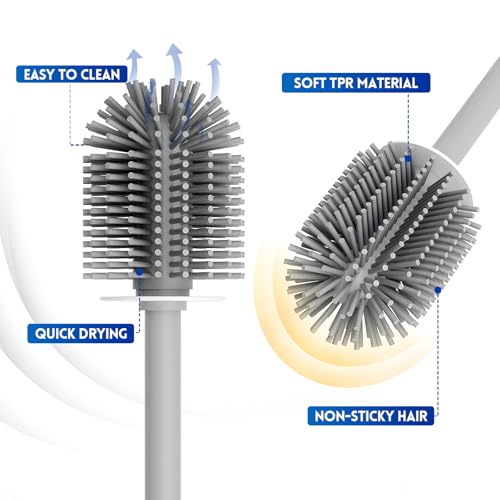 Y-in Hand Toilet Brush and Holder Set, Silicone Toilet Bowl Cleaner Brush Bristles, Bathroom and RV Cleaning Tools, Space Saving Toilet Scrubber, Wall Mountable. (Grey) - color: Grey Silicone
