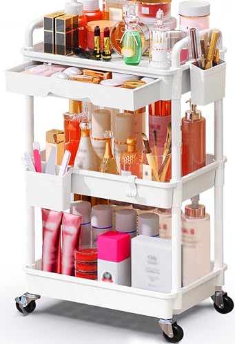 SUNALLY Makeup Cart Organizer with Drawers, Floor Skincare Organizers Vanity Storage Organizer, Rolling Makeup Bathroom Storage Cart Cosmetics Display Cases for Skin Care Perfume Nail Polish, White - color: White, size: 3 Tier