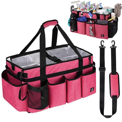 Extra large Cleaning Caddy Bag Built-in Sturdy Support Board, Cleaning Organizer with Detachable Divider, Cleaning Supply Tote with Adjustable Shoulder Strap (Pink, 19'' x 11'' x 11'') - color: Pink