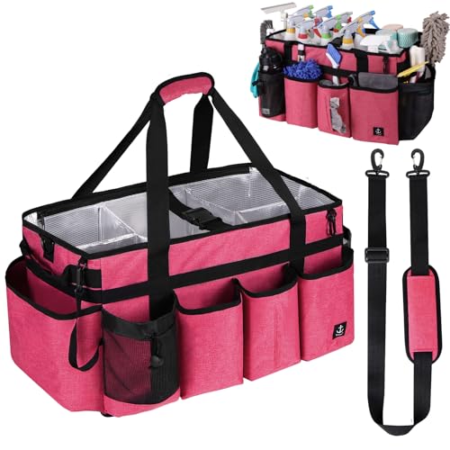 Extra large Cleaning Caddy Bag Built-in Sturdy Support Board, Cleaning Organizer with Detachable Divider, Cleaning Supply Tote with Adjustable Shoulder Strap (Pink, 19'' x 11'' x 11'') - color: Pink