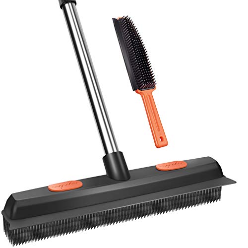 Conliwell Rubber Broom Carpet Rake for Pet Hair, Fur Remover Broom with Squeegee, Portable Detailing Lint Remover Brush (Stainless 4 Steel Handle) - color: Orange