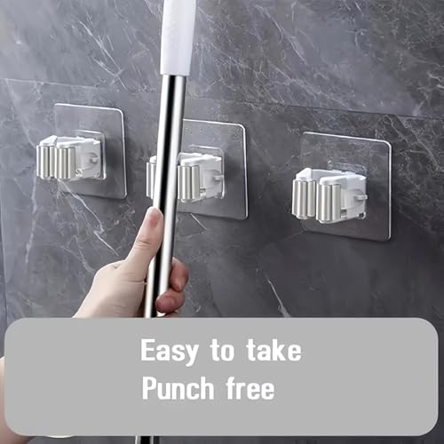 4 Pack Mop and Broom Holder Wall Mounted, Self Adhesive Broom Hanger Without Drilling, Non-Slip Tool Organizer Gripper for Home, Kitchen, Bathroom, Garden, Grey Cleaning Tool Hooks