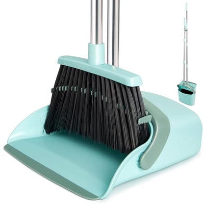 Broom and Dustpan Set, Dustpans with Broom Combo for Home, Heavy Dust Broom and Dustpan Combo, Long Handle Dust Pan and Broom Set for Kitchen, Office, Pet Hair,Green, Pack of 1 - color: Green