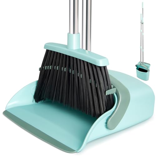Broom and Dustpan Set, Dustpans with Broom Combo for Home, Heavy Dust Broom and Dustpan Combo, Long Handle Dust Pan and Broom Set for Kitchen, Office, Pet Hair,Green, Pack of 1 - color: Green