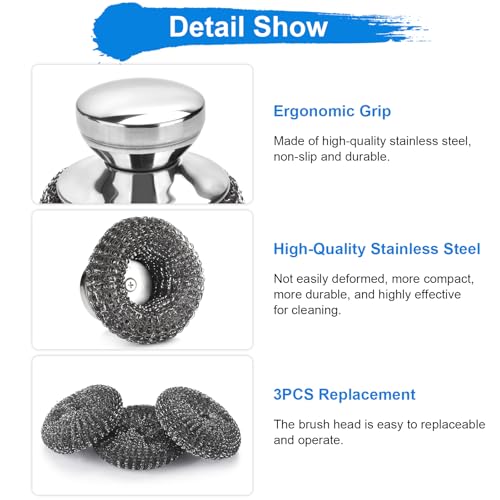5PCS Stainless Steel Scrubber Pads, with 2Pcs Handle | Steel Wool Scrubber Set, For Kitchen and Household, Cleans Dishes, Stoves, Grill, Sink, Pots