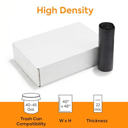 40-45 Gallon Trash Bag, 40" x 48", High Density, 22 mic, Black, 150 Bags/Box