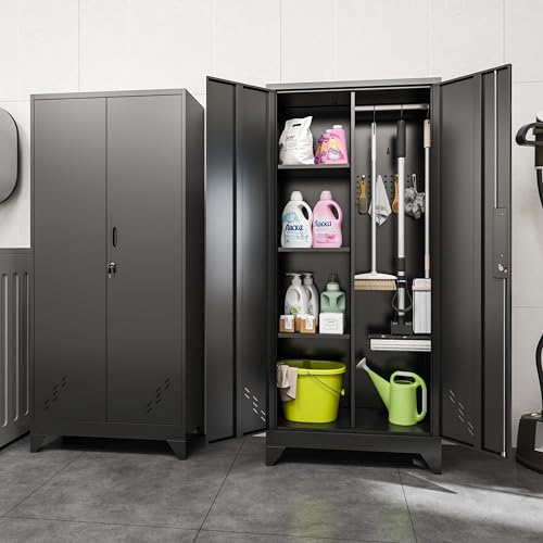 Metal Garage Storage Cabinets with Lock, Cabinet with Pegboard & Hanging Rod, Broom Closet Storage Cabinets, Black Lockable Steel Tool Cabinet for Home,Garage,Utility Room - color: 61" Black