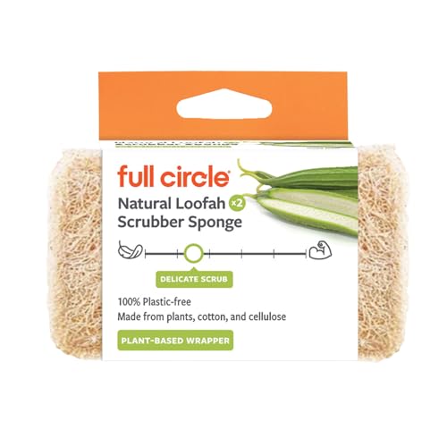 Full Circle 100% Plant-Based Loofah Sponges – Pack of 2 – Plastic-Free, Natural Sponge, No Microplastics, Safe for Nonstick Cookware - size: Loofah Scrubber Sponge 2pk