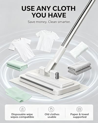 Hands Free Multi Purpose Flat Mop Using Any Cloth Floor Cleaning One Click System Convenient Changing Mini Easy Tap Snap Grip Disposable Lazy Clips Towel Fiber Lock Home Use Portable(43.31in) - color: 43.31in