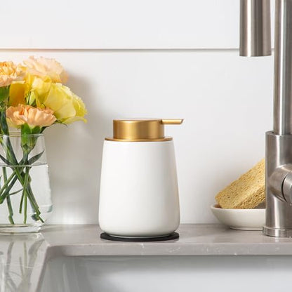 Enra Foaming Soap Dispenser,12 oz Beige Ceramic Modern Foam Hand Soap Dispenser for Bathroom,Kitchen with Easy-to-Press Pump (White Foam Gold Pump) - color: Foam-white-gold Pump