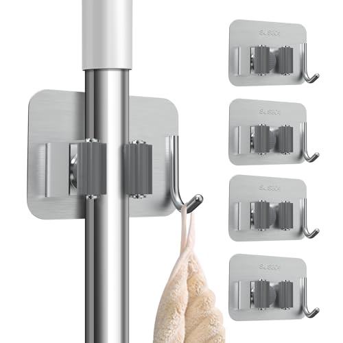 nacena 4 Pack No Drill Self Adhesive Broom Mop Holder Wall Mount with Hooks, Heavy Duty Stainless Steel Organizer for Kitchen Bathroom Garage Storage,Silver - color: Brushed Nickel-4 Packs