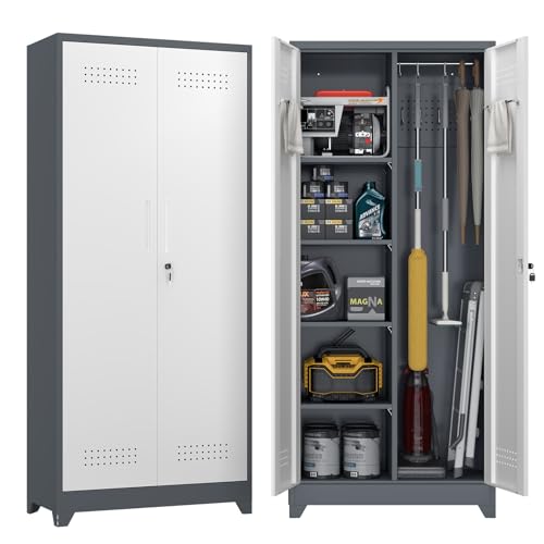 72.8" H Metal Garage Storage Cabinets with Doors and Shelves, Broom Closet Storage Cabinet, Tool Cabinets with Hanging Rod, Cleaning Storage Cabinets for Garage, Office, Laundry Room - color: Gray&white, size: 72.8''H-Cleaning cabinet