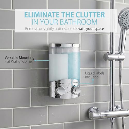 Better Living EURO Shower Dispenser Wall Mount Shower Soap Dispenser for Bathroom Hotel Body Wash, Corner or Flat Wall Shower Shampoo Dispenser, Built-in Hooks, 2 x 10.5 oz, Chrome, 2-Chamber - size: 2-Chamber