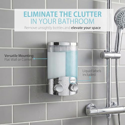 Better Living EURO Shower Dispenser Wall Mount Shower Soap Dispenser for Bathroom Hotel Body Wash, Corner or Flat Wall Shower Shampoo Dispenser, Built-in Hooks, 2 x 10.5 oz, Chrome, 2-Chamber - size: 2-Chamber