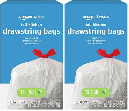 Amazon Basics Flextra Strength Tall Kitchen Drawstring Trash Bags,Fresh Scent,Tear Resistant,13 Gallon,50 Count (Pack of 2) - size: 50 Count (Pack of 2)