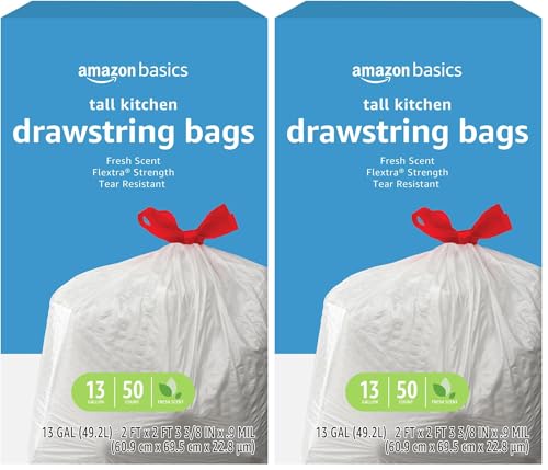 Amazon Basics Flextra Strength Tall Kitchen Drawstring Trash Bags,Fresh Scent,Tear Resistant,13 Gallon,50 Count (Pack of 2) - size: 50 Count (Pack of 2)