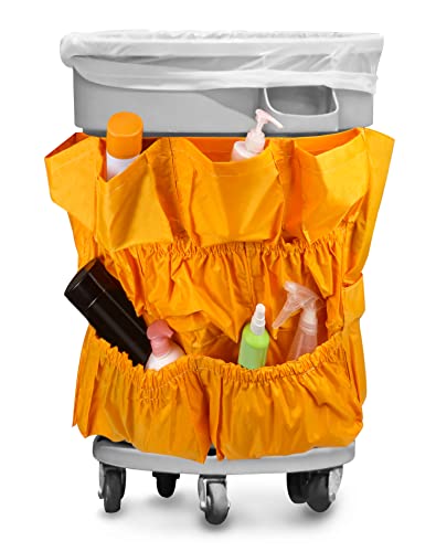 QWORK Trash Can Caddy Bag, 10 Pocket Commercial Cleaning Bag, Fit 32-50 Gallon Can, Round Trash Bag Holder, Garbage Bin Organizer, Yellow - size: 1 Pack