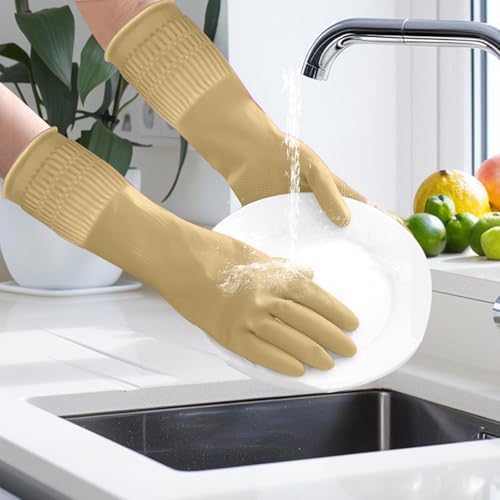 Rubber Gloves for Cleaning with Long Cuffs Waterproof Dishwashing Household Gloves with Grip for Kitchen Bathroom - color: Brown, size: Large