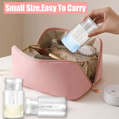 3 Pack Push Down Pump Dispenser with 6 Labels, Empty Push Top Bottles for Nail Polish, Makeup Remover, Micellar Water, Essence, Dish & Facial Toner, 2oz/60ml