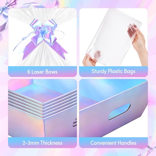 AFOROEOA 6PACK Laser Baskets for Gifts Empty, 12x10x4” Holographic Iridescent Gift Basket Kit with 6 Bows & 6 Bags - Kraft Empty Gift Baskets for Christmas, Weddings, Birthdays, Holiday Gifting Hampers - color: 6 Laser