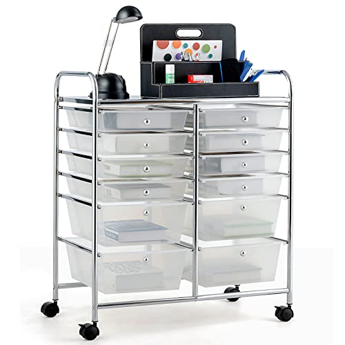 COSTWAY 12-Drawer Rolling Storage Cart, Moveable Art Craft Organizer W/Lockable Wheels, Metal Shelf, Files Arrangement Tools Makeup Storage Cart for Office, Home, School (Clear) - color: Clear, size: 12 Drawer