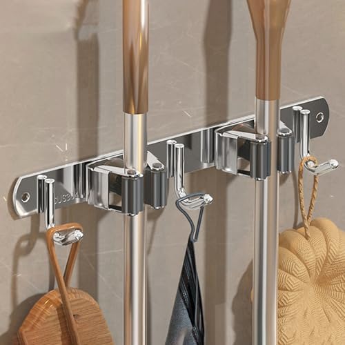 Wall-Mounted Broom Holder Stainless Steel Mop Storage Rack Laundry Room Storage Solution Suitable for Kitchens, Gardens, Garages (Silver: 2 clips with 3 hooks) - color: Silver: 2 clips with 3 hooks