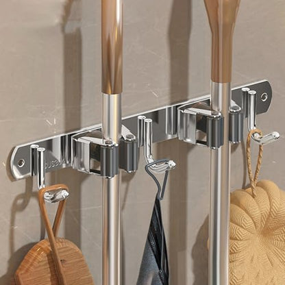 Wall-Mounted Broom Holder Stainless Steel Mop Storage Rack Laundry Room Storage Solution Suitable for Kitchens, Gardens, Garages (Silver: 2 clips with 3 hooks) - color: Silver: 2 clips with 3 hooks