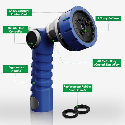 RESTMO Heavy Duty Hose Nozzle, Metal Garden Water Hose Sprayer with 7 Watering Patterns, Thumb Control, On Off Valve, High Pressure Nozzle Sprayer for Watering Plants, Car and Pet Washing, Blue - color: Blue