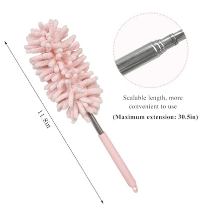 2PCS Car Interior Duster with Extension Pole, 11.8" to 30.5" Retractable Dusters Auto Dash Cleaning Tool, Soft Chenille Hand Washable Dusters for Car Window Furniture Office (Light Pink) - color: Light Pink