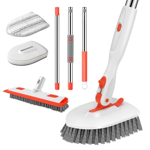 SetSail 4-in-1 Tile Tub Floor Scrubber with 52-inch Adjustable Long Handle Shower Cleaner Brush Comes with Floor Scrub Brush and 3 Replacement Brush Heads for Cleaning Bathroom Tub Tile, Orange - color: Orange, size: 2 pads+brush