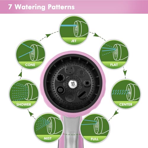 RESTMO Metal Watering Wand, Heavy Duty Garden Hose Wand with 180° Swivel Ratcheting Head, 16'' Hose Nozzle Sprayer with 7 Spray Patterns and Flow Control, for Water Hanging Baskets and Shrubs, Pink - color: Pink
