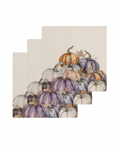 Purple Pumpkins Dish Towels Set, Waffle Weave Kitchen Towels 3 Pieces, Microfiber Hair Face Bath Tea Towel Absorbent Quick Drying Cleaning Dish Cloths, Fall Thanksgiving Vintage Maple Leaves 12"x12" - color: Purple Orange Natural Beige, size: 3PCS,12"x12"