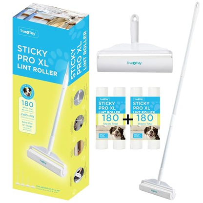 True & Tidy StickyPro XL Lint Roller Value Set with 2 Lint Roller Refills, Heavy-Duty Durable, Adjustable Handle Works Great on Pet Hair, Clothing, Furniture and More, 360 Sheets Total, Refillable - size: Lint Roller with 4 Refills