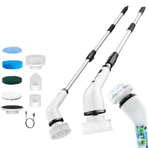 Electric Spin Scrubber Upgraded Cordless Shower Spin Scrubber Kit with 7 Replaceable Brush Heads 3 Adjustable Extension Handle Dual-Speed IPX7 Waterproof LED for Bathroom Kitchen Toilet Window Pool