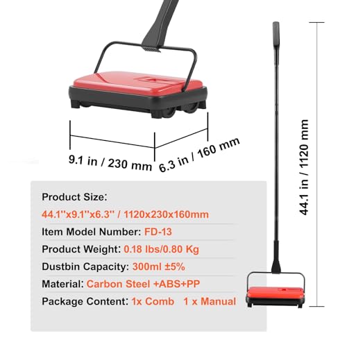 VEVOR Carpet Sweeper Manual, Floor Sweeper with 300 ml Dustbin Capacity Easy to Empty, 6.7 inch Cleaning Width for Home Office Carpets Pet Hair Dust, Red - color: Red